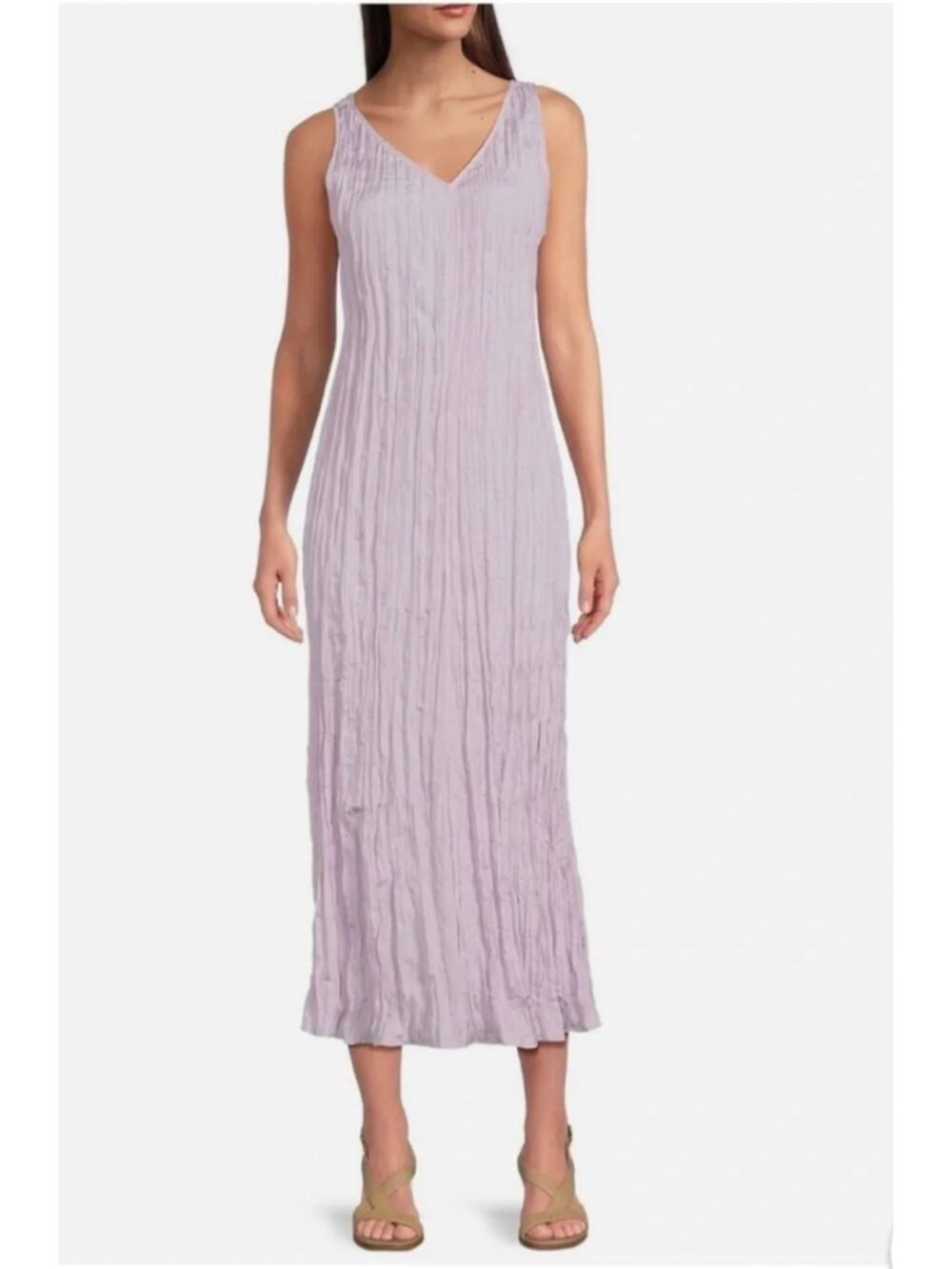 $328 Eileen Fisher Crushed 100% Silk V-Neck Midi Slip Dress | XXS, Lt Purple NEW